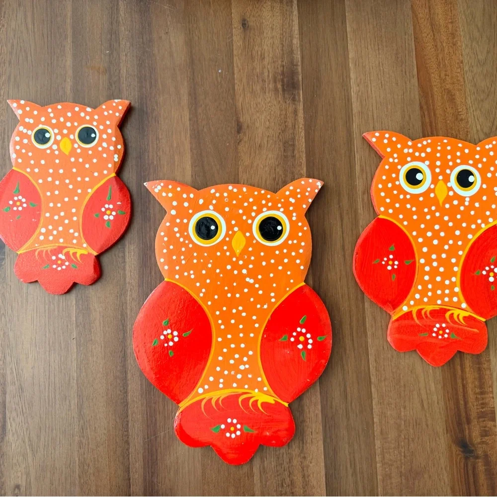 Set of Three Wood Orange Owl Wall Art